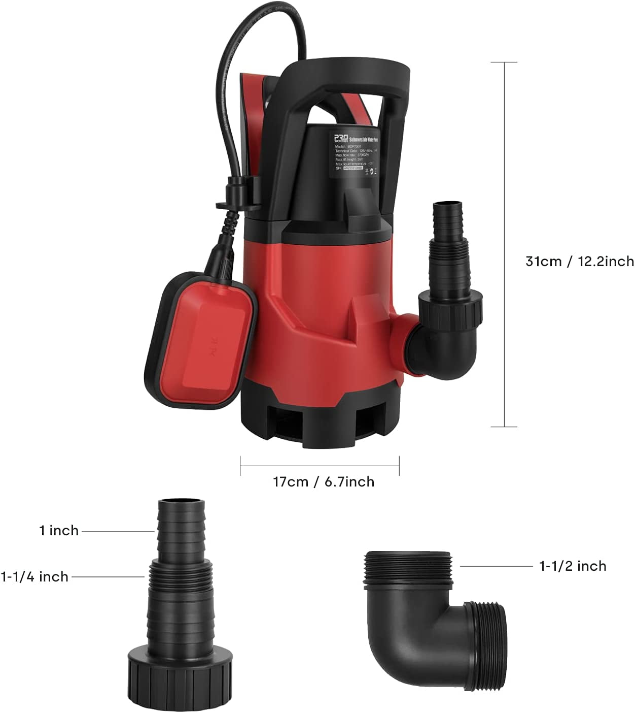 Sump Pump ,1HP Submersible Electric Water Pump with 3700GPH Automatic Float Switch for Pool Draining Hot Tub Flood Drain and Irrigation