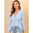 thumbnail image 2 of Top de gasa transparente Allegra K con mangas largas y cuello en V profundo Azul claro S, 2 of 6