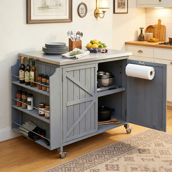 42.1" Outdoor Kitchen Island with Side Shelf - Outdoor Grill Cart with Storage Cabinet, Stainless Steel Top, Adjustable Shelf and 4 Wheels for Pizza Prep, BBQ, Garden, Patio