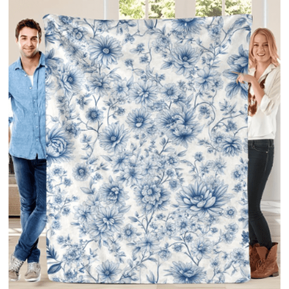 Soft Blue Floral Quilted Throw Blanket - Lightweight Flannel Bedspread Suitable for All-Season /Outdoor Use, Botanical Bed Cover for Sofa, Bed, - Contemporary Bedspread