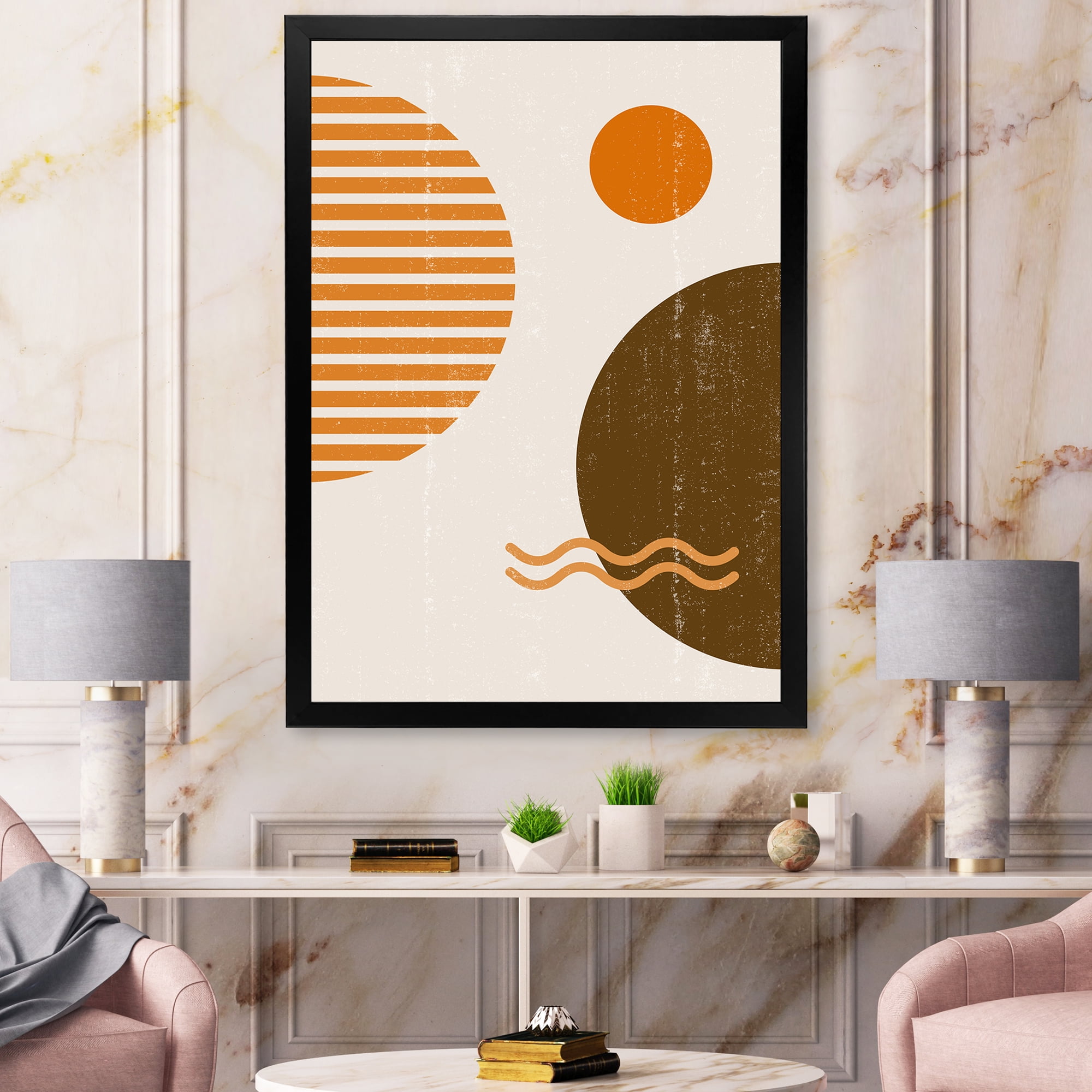 Designart 'Abstract Minimal Moon and Sun In Earth Tones III' Modern Framed Art Print