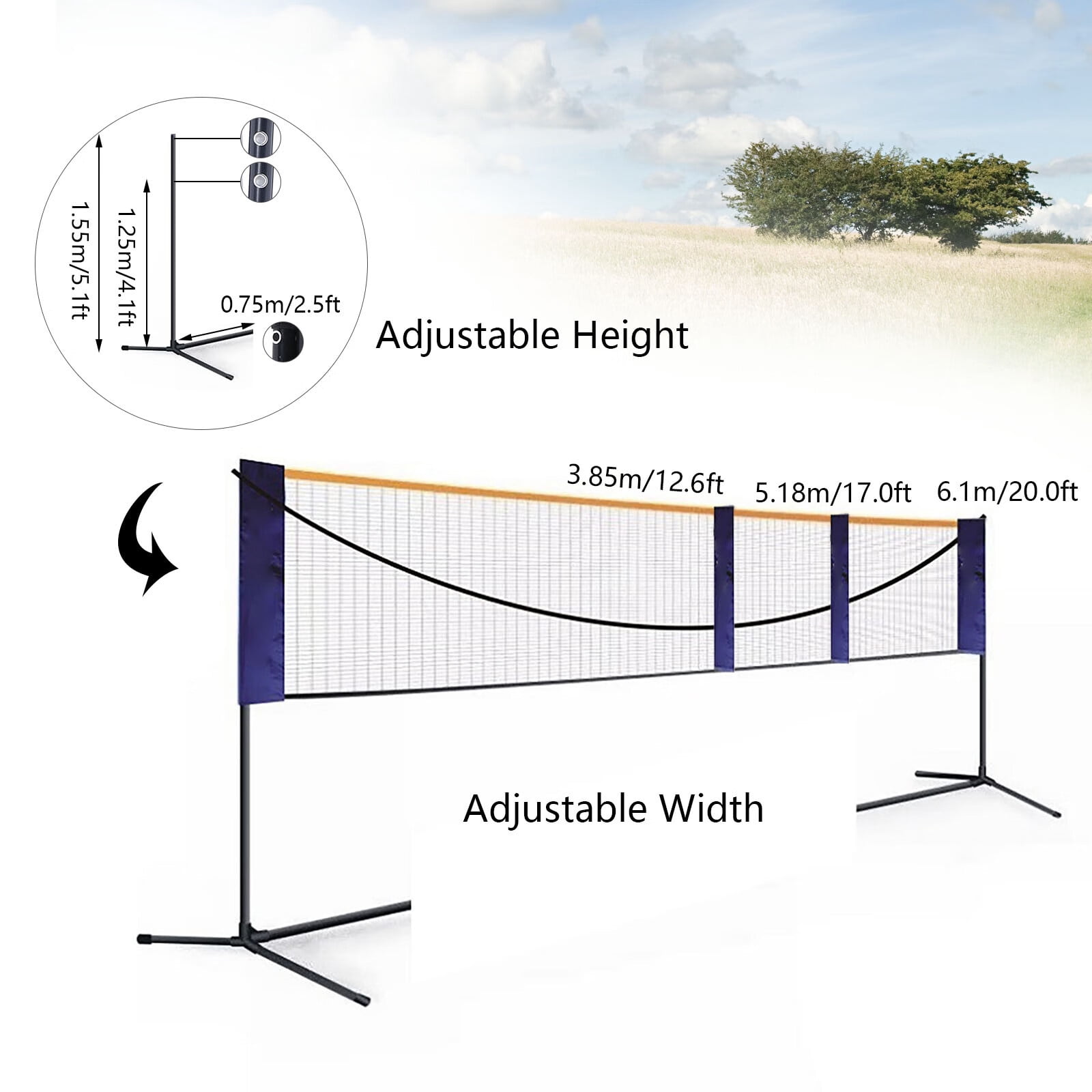 Anqidi 20Ft Portable Badminton Net Set Polypropylene Fiber Adjustable Height Tennis Net Kit for Volleyball, Soccer Tennis