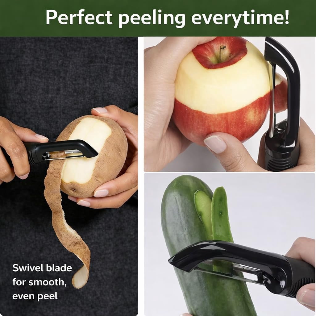 JJEAN-Black Premium Vegetable Peeler | Ultra-Sharp Swivel Stainless Steel Blade | Ergonomic Soft Grip Handle | Mango Peeler | Dishwasher Safe | Skin Peeler for Veggies & Fruits | Potato Peeler & Eye