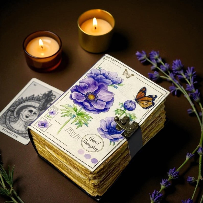 Handmade Leather Journal with Lavender Floral Art – 5x7 Inch Vintage Diary with 200 Deckle Edge Handmade Pages, Writing & Sketch Notebook, Aesthetic Butterfly Cover, Christmas Fest