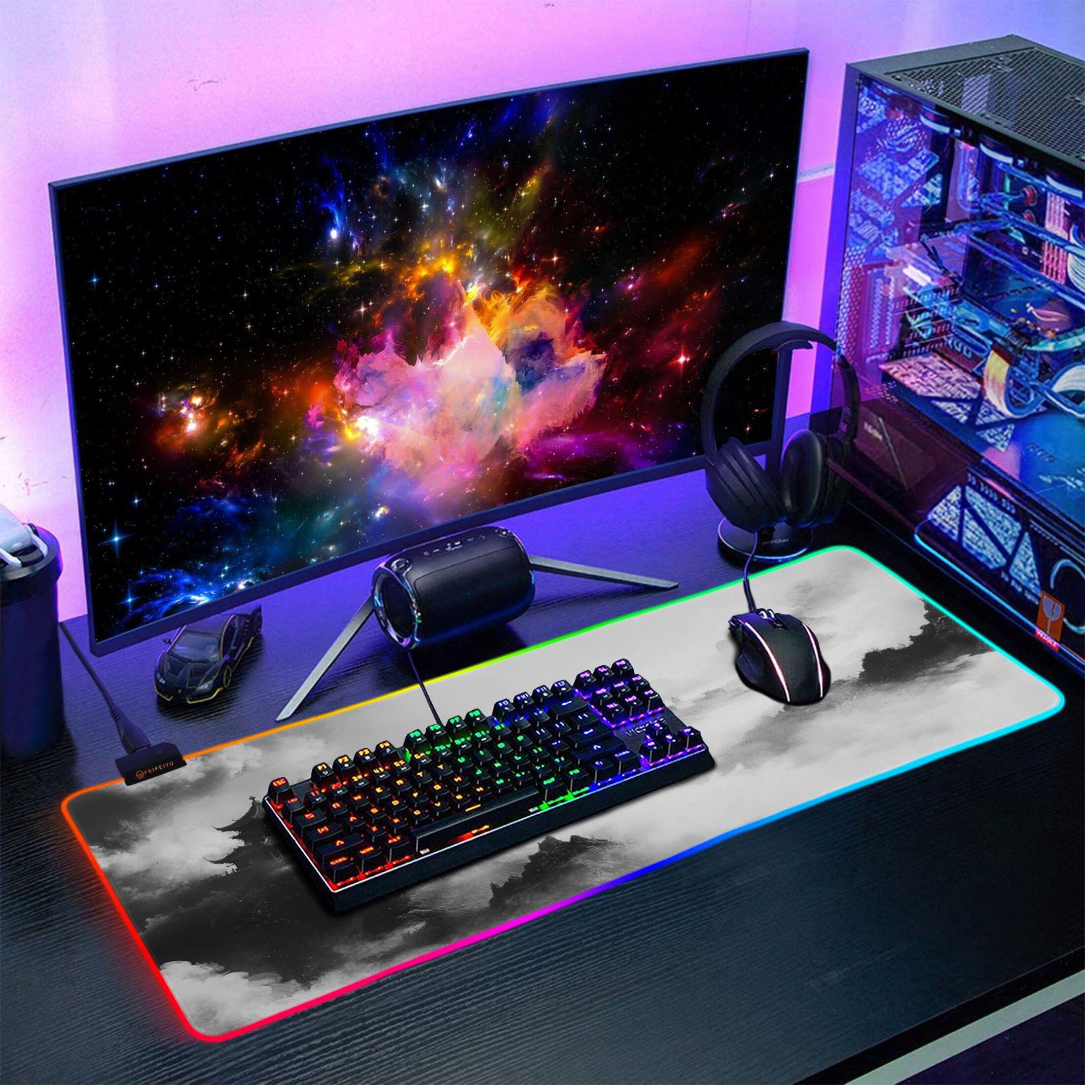 Large RGB Gaming Mouse Pad Led Glowing Mousepad Non-Slip Rubber Base 13 Light Modes 35.4x15.7 Traditional Chinese Ink Landscape