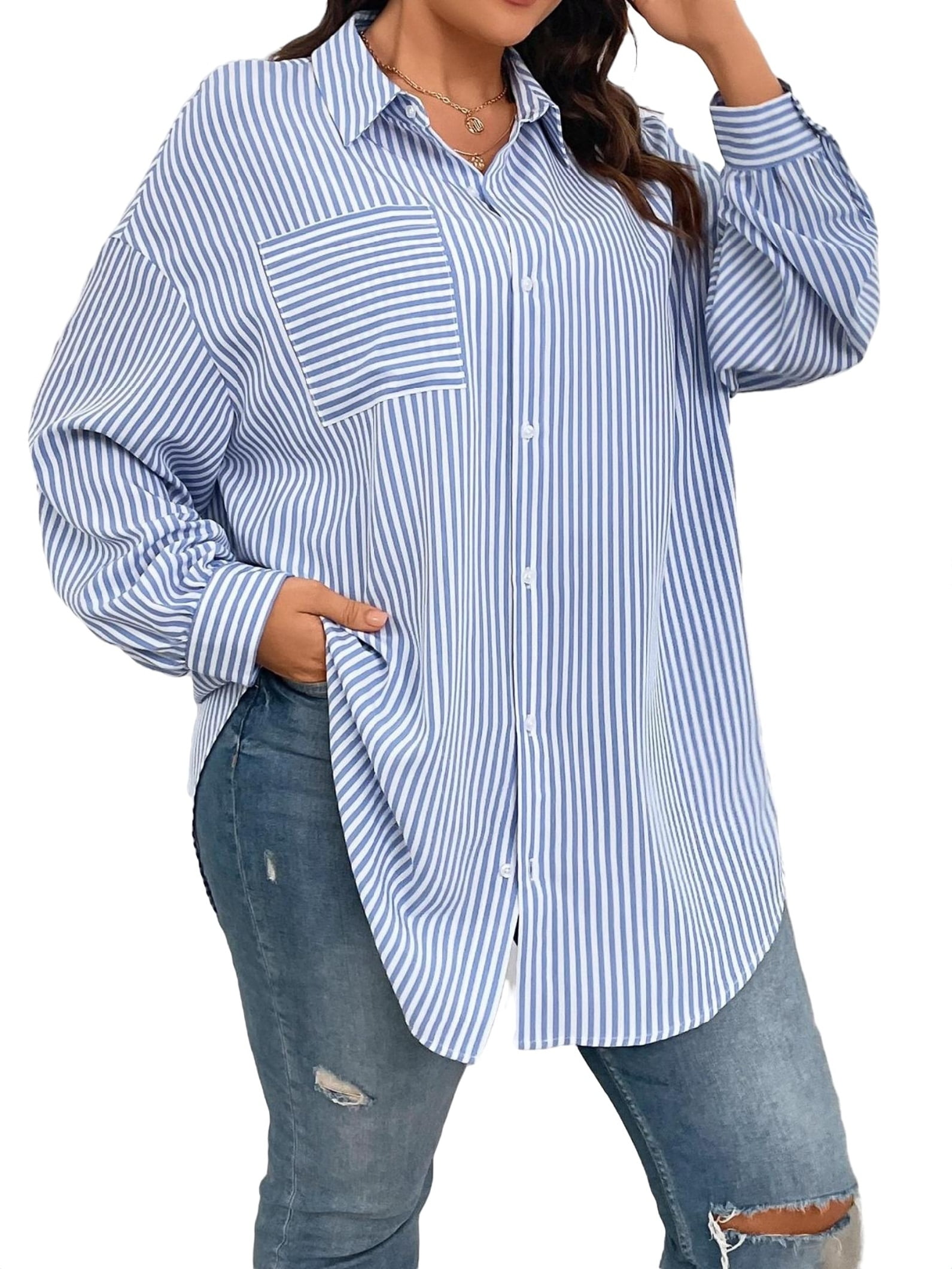 Women's Casual Striped Shirt Collar Blue and White Plus Size