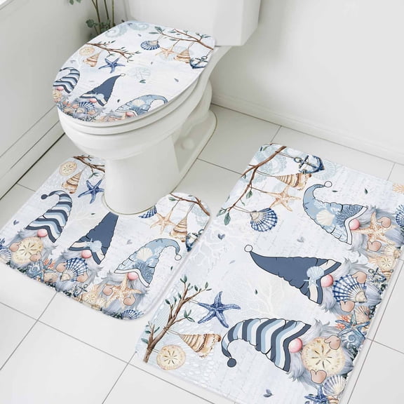 Summer Gnome Bathroom Rugs Set Ocean Shell Starfish Non Slip Absorbent Soft Bath Mats 3 Piece Set with Bathroom Rug, U-Shaped Floor Mat, Toilet Seat Cover Large Size