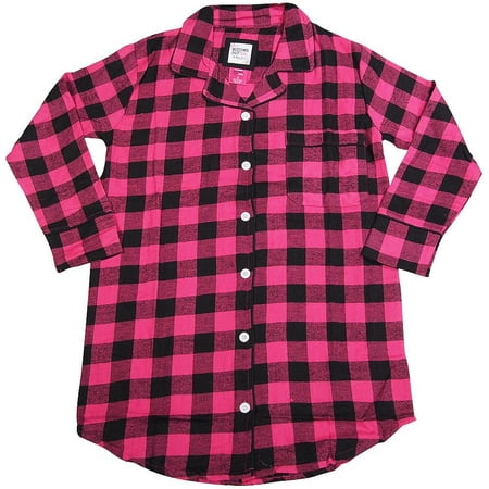 Buffalo Plaid Flannel - B.O.P.J. - Ladies Long Sleeve Flannel Sleep Shirt Pink Buffalo Plaid / Medium