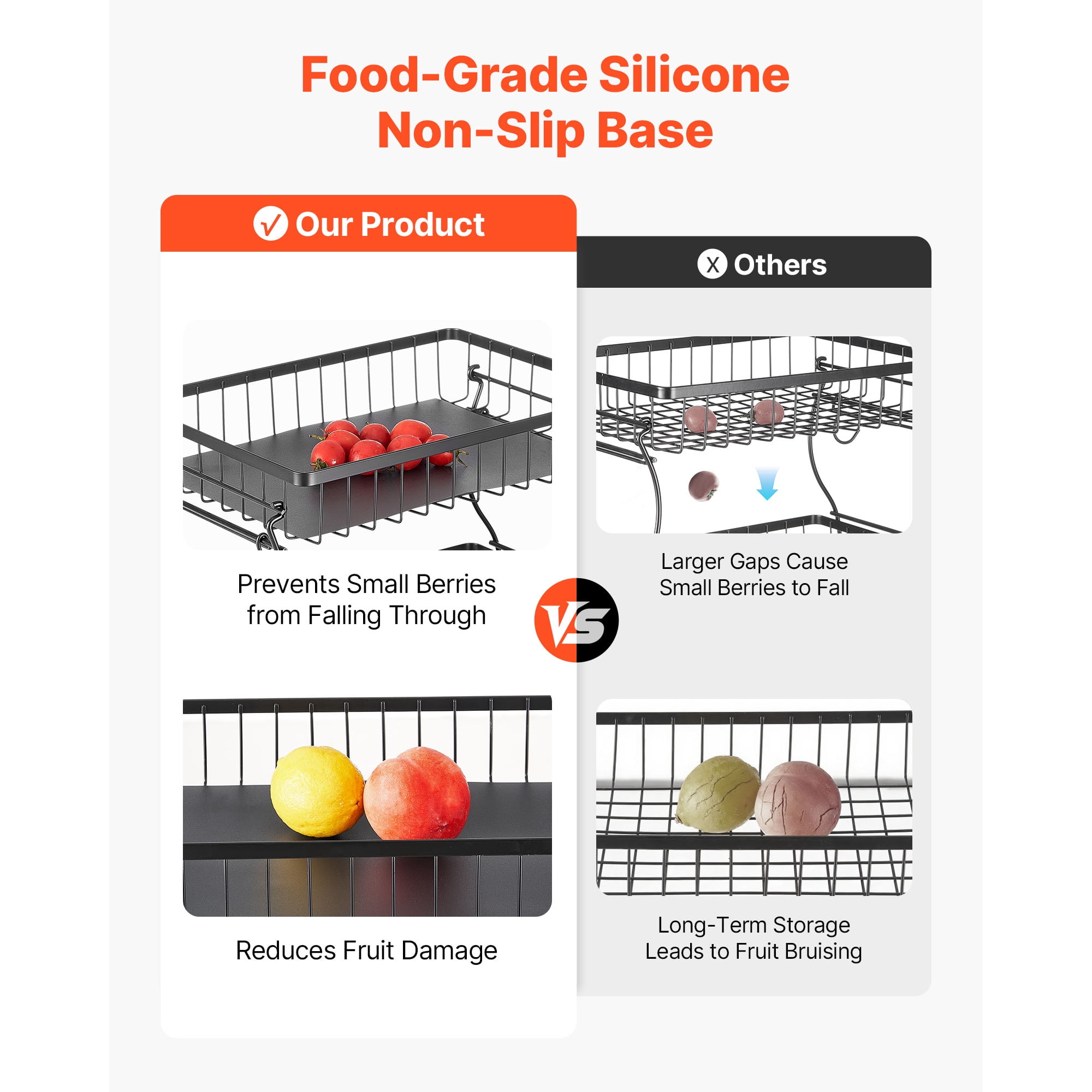 KFFKFF 2-Tier Fruit Basket with Banana Hooks, Metal Wire Storage Organizer for Kitchen Counter, Detachable and Stackable Holder for Fruits, Vegetables, Bread, and Snacks, Black