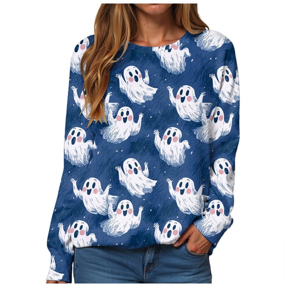 Duqingm Halloween Shirts for Women 2026 Long Sleeve Funny Graphic T-Shirt Casual Crewneck Tunic Tops Halloween Costumes Adult,S