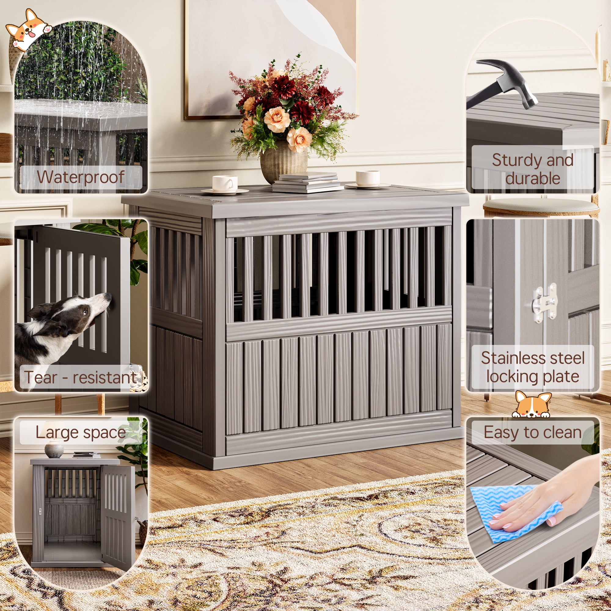 Bifanuo Dog Crate Furniture End Table, Decorative Plastic Kennel with Locking Latch for Medium to Large Breeds, Indoor, Gray