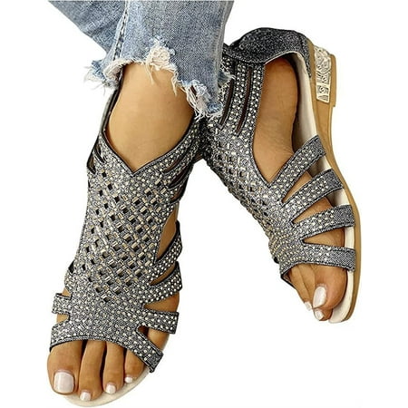 Women s Sandals  Comfort Walking Shoes  Non Slip Jeweled Bohemian Weight Slingback Flats Sandal  Summer Rhinestone Gladiator Flat Shoe  Open Toe Beach Summer Comfy Travel Shoes(Black 8)