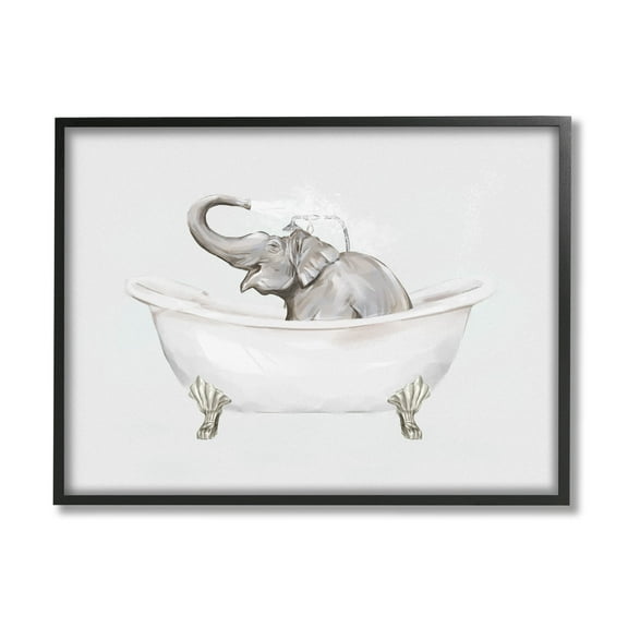 Happy Elephant Splashing Bathtub Animals & Insects Graphic Art Black Framed Art Print Wall Art