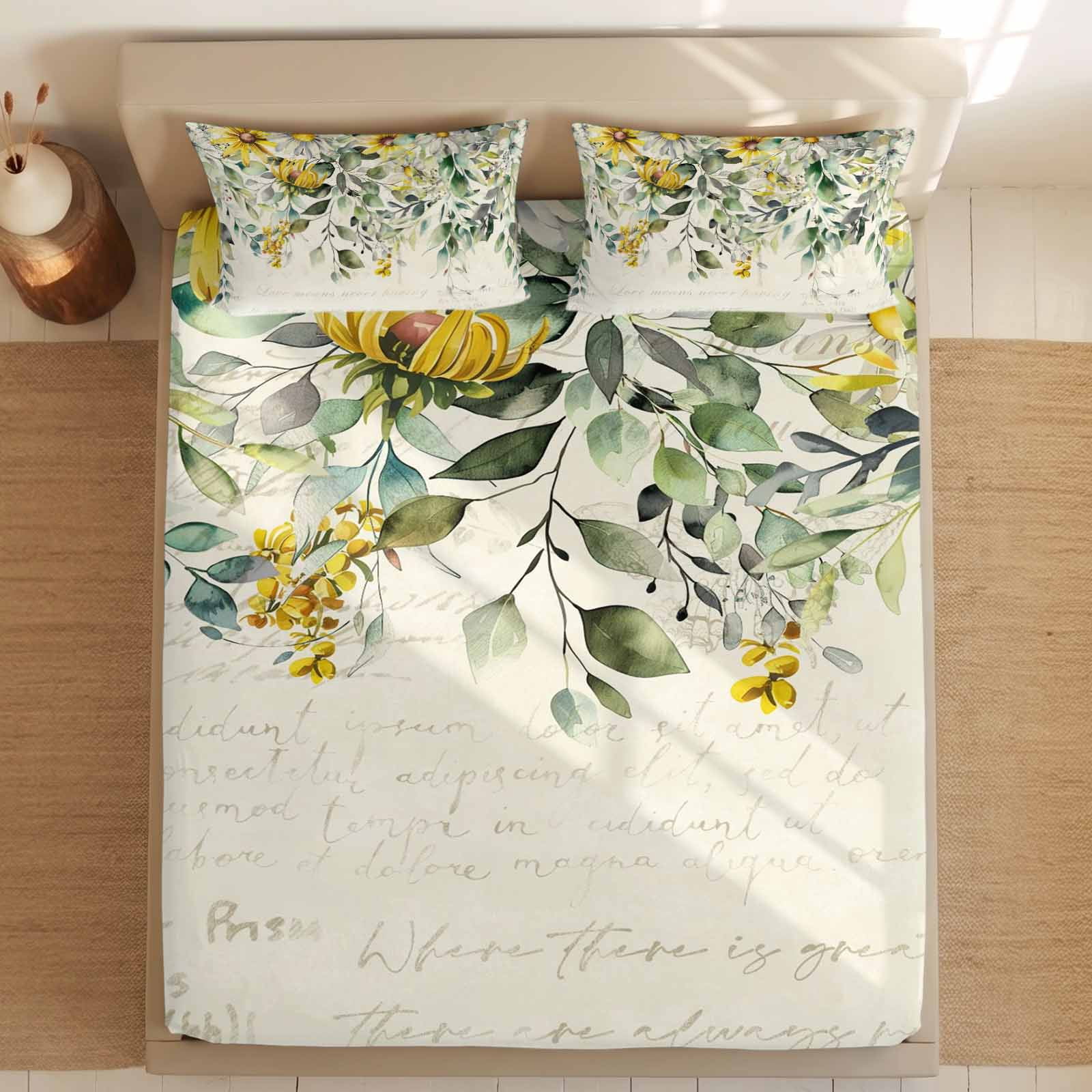 Queen Size Fitted Sheet Set - Green Eucalyptus Leaves 3 Piece Bedding Sets 16" Deep Pocket Fitted Sheet with 2 Pillowcases, Retro Rustic Botanical Floral Brushed Microfiber Hotel Luxury Bed Sheets