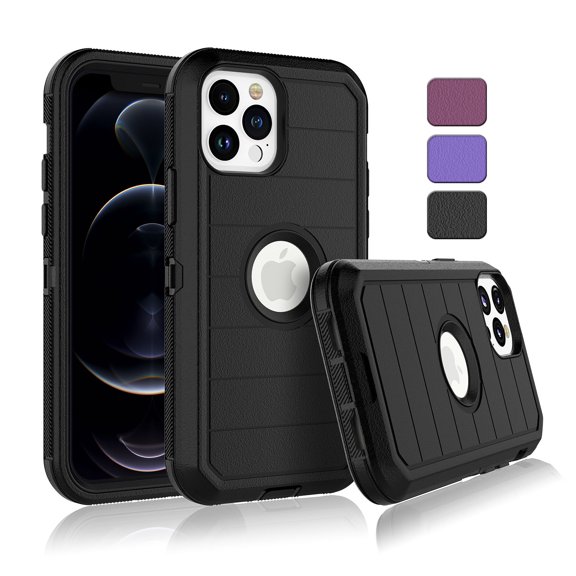 EBIZCITY iPhone12 / iPhone 12 Pro Case , Phone Case for Apple iPhone 12 / iPhone 12 Pro 6.1 inches, Shockproof Heavy Duty Armor Plastic & Rubber Rugged Bumper 3-in-1 Case Cover -Black