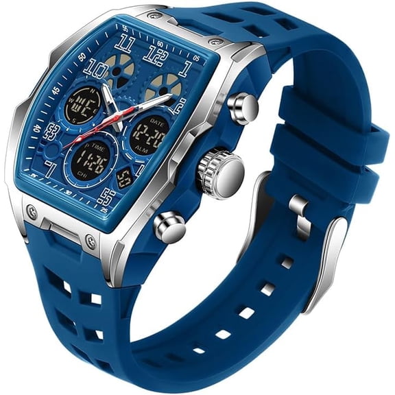 Watch for Men Fashion Hollow Unique Rectangle Dial Wristwatch Waterproof Sport Digital Analog Dual Time Display Stopwatch Punk Cool Design Silicon Strap Dress Watch