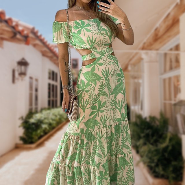 Vestido Vestido con hombros descubiertos para mujer Vestido con cordones y estampado hueco largo y grande (Verde S) Kuymtek Verde T S para Mujer