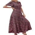 thumbnail image 4 of Femmes Bouton vers le Bas Midi Robe Manches Courtes Robe de Soleil Imprimé Floral Cravate Bohème une Pièce Vin Rouge M, 4 of 5