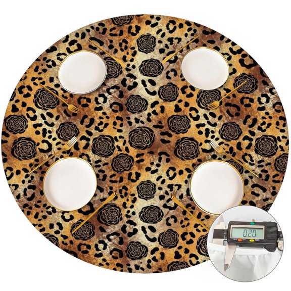 Black and Brown Leopard Print Round Fitted Tablecloth with Elastic Edge, Waterproof Dining Table Cover for Indoor Outdoor Camping and Daily Use