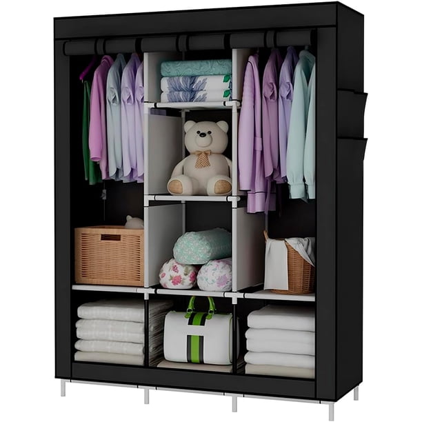Raganet, Closet Plegable de 4 Niveles Color Negro, Zapatero Organizador de Ropa Minimalista, Telas y Barras Resistentes y Duraderas, Organizacion de Ropa, Calzado y Accesorios, Armable y Desmontable