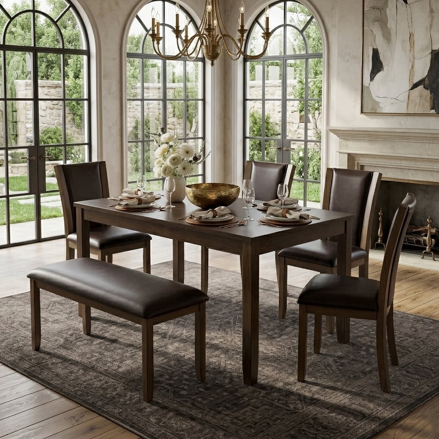 Aukfa 6 Pcs Farmhouse Extendable Dining Table Set,Rubberwood Kitchen Table with Bench & 4 Chairsfor Dining Room,Dark Walnut