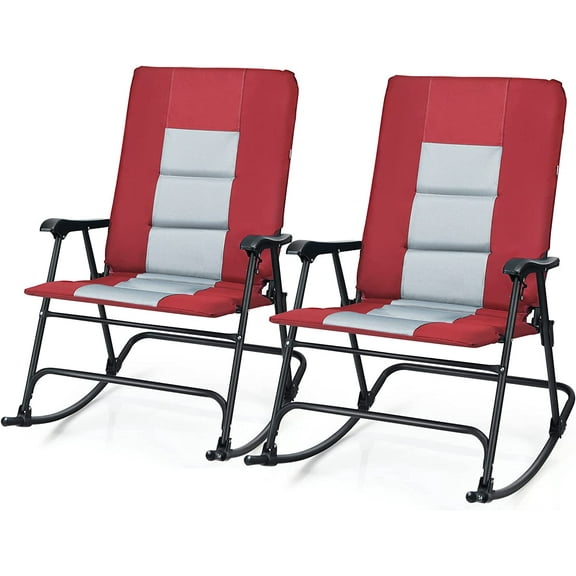 DORTALA Set of 2 Foldable Rocking Chair, Oversized Camping Rocking Chair w/High Back and Armrest, Padded Folding Lawn Chair, Portable Chair for Outdoor Patio Lawn Garden, Red