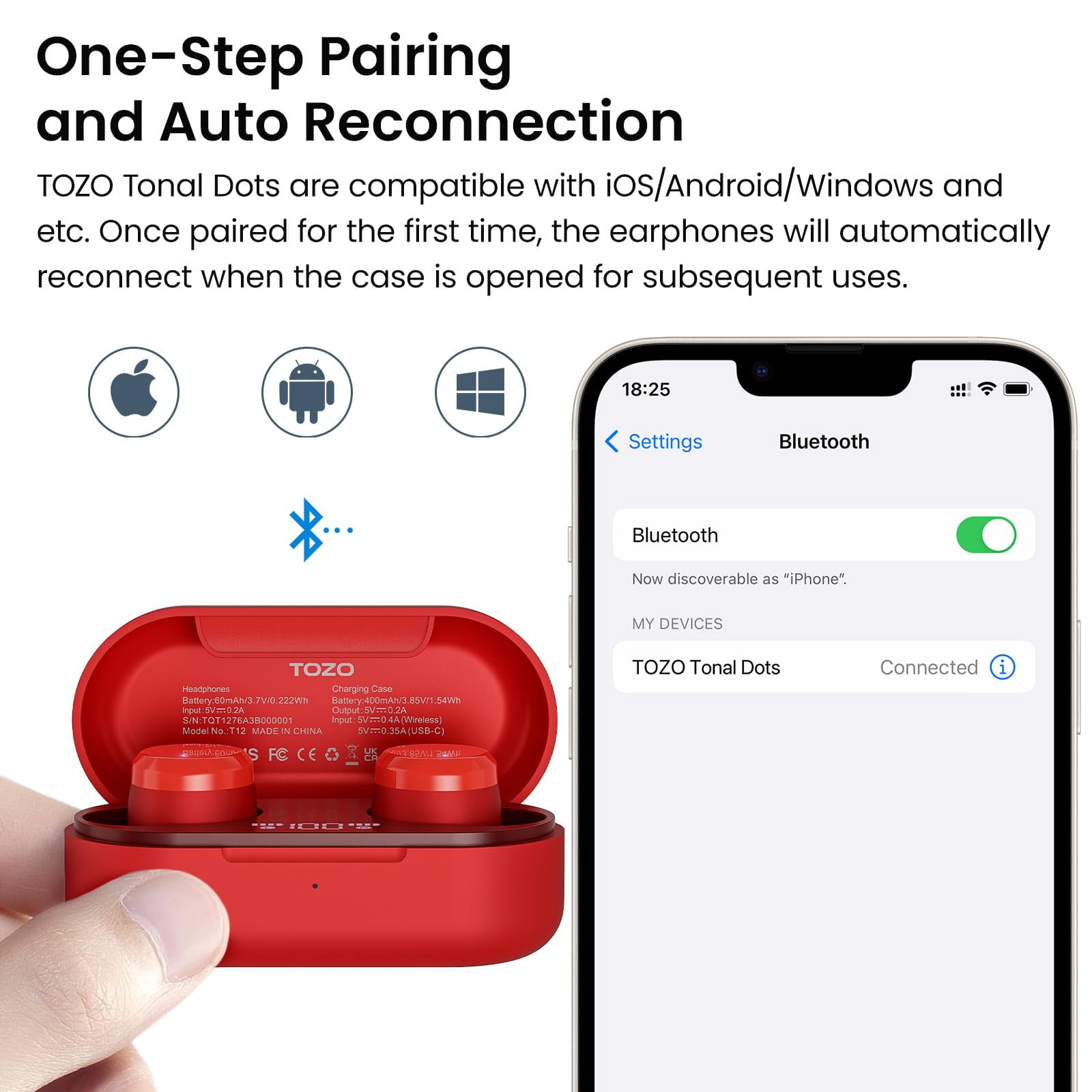 TOZO T12 Earbuds Bluetooth Wireless Headphones, 55H, ENC Noise Cancelling Mic, Premium Stereo Bass, Wireless Charge, IPX8 Waterproof, App-32EQ, LED Power Display, Red