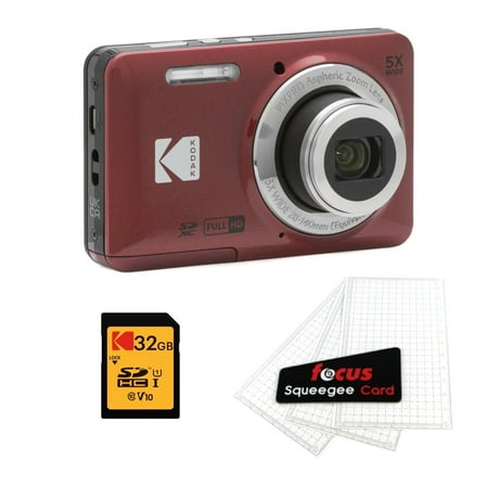 Kodak PIXPRO Friendly Zoom FZ55 Digital Camera (Red) Bundle with 32GB Memory Card and Digital Camera LCD Screen Protectors (3 Items)