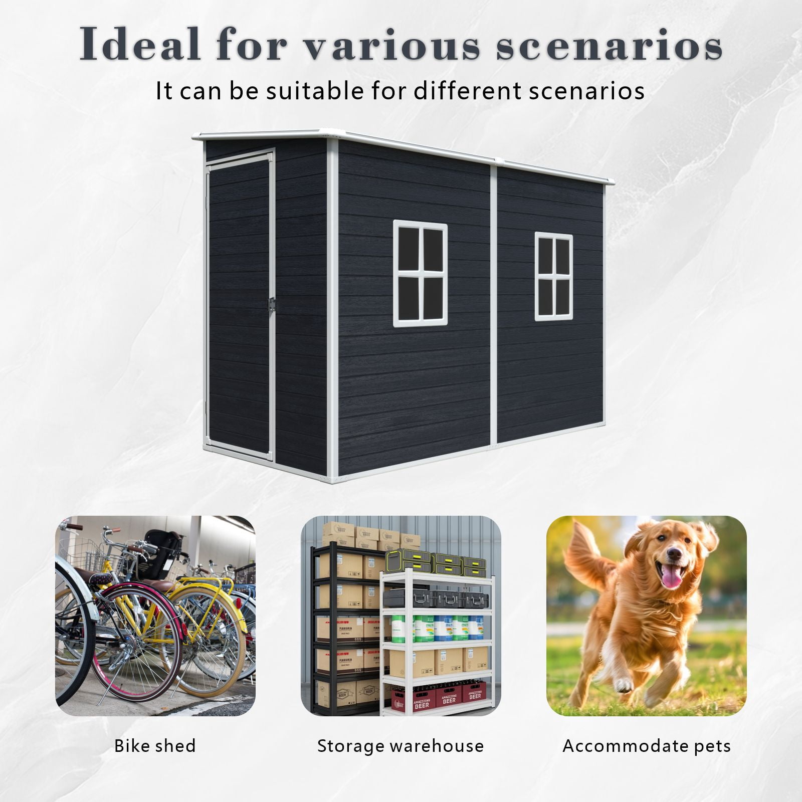 IMagacFun 4x8 Resin Outdoor Storage Shed Waterproof Tool Shed Heavy Duty Plastic Shed with Floor and Window for Garden Patio Backyard Black