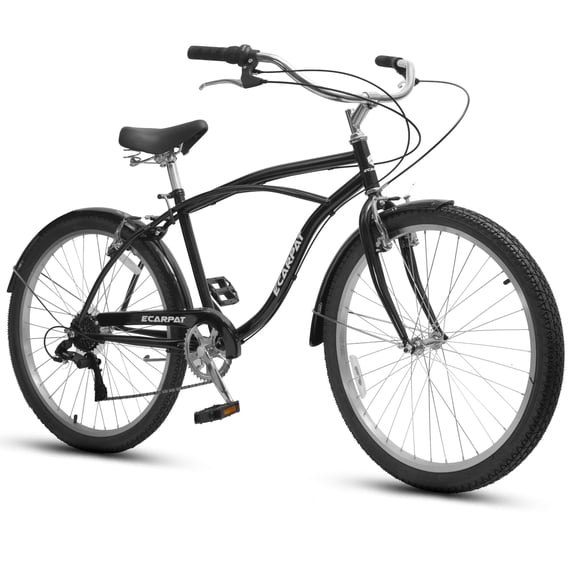 26 Inch Beach Cruiser Bike for Men, 7 Speed Commuter Bicycle with Dual V-Brakes and High-Carbon Steel Frame, Comfortable City Bike for Adult, Black