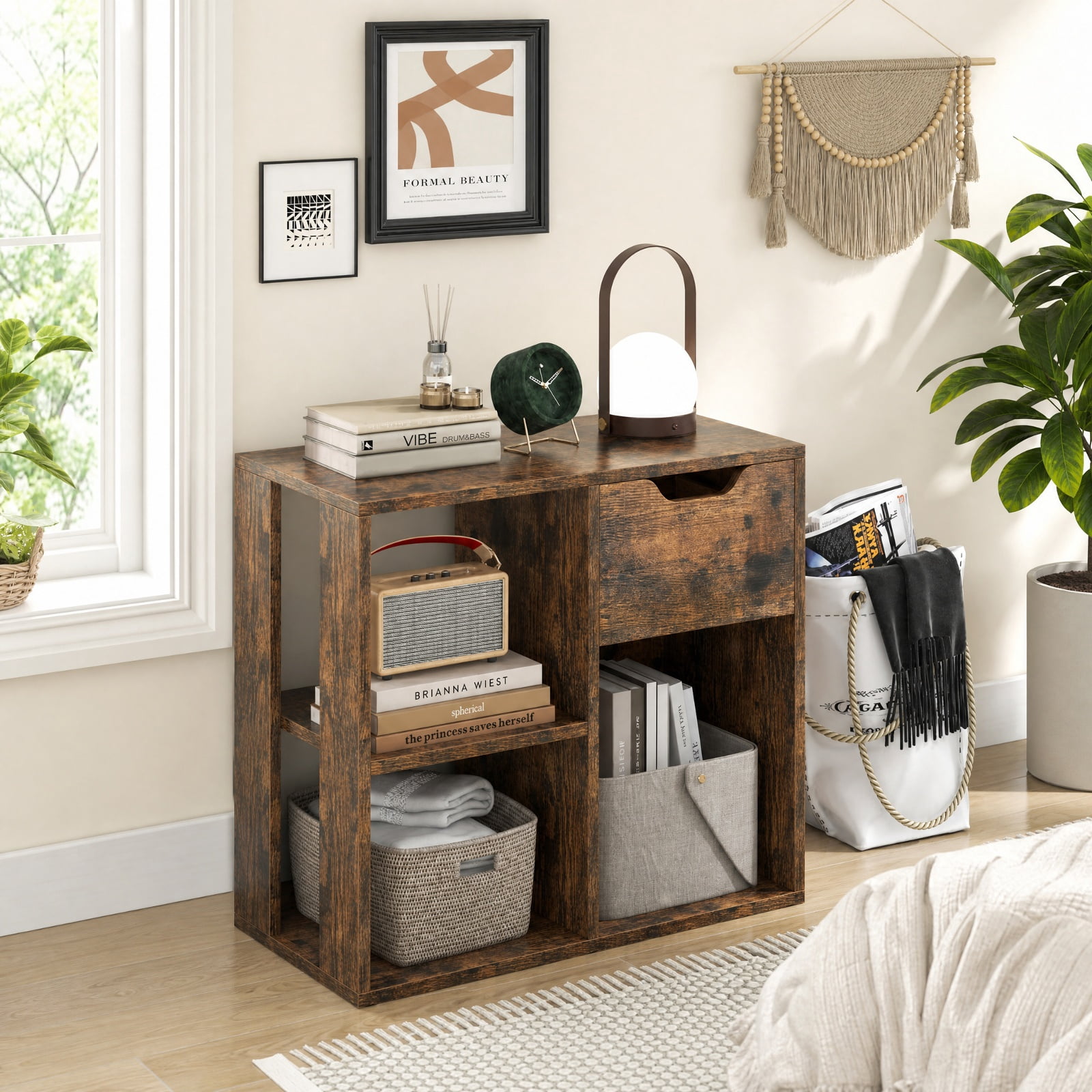 Furnibear 3-Cube Bookcase 2-tier Wooden Storage Shelf with Pull-out Drawer for Living Room Home Office Bedroom Display Storage Shelf, Brown