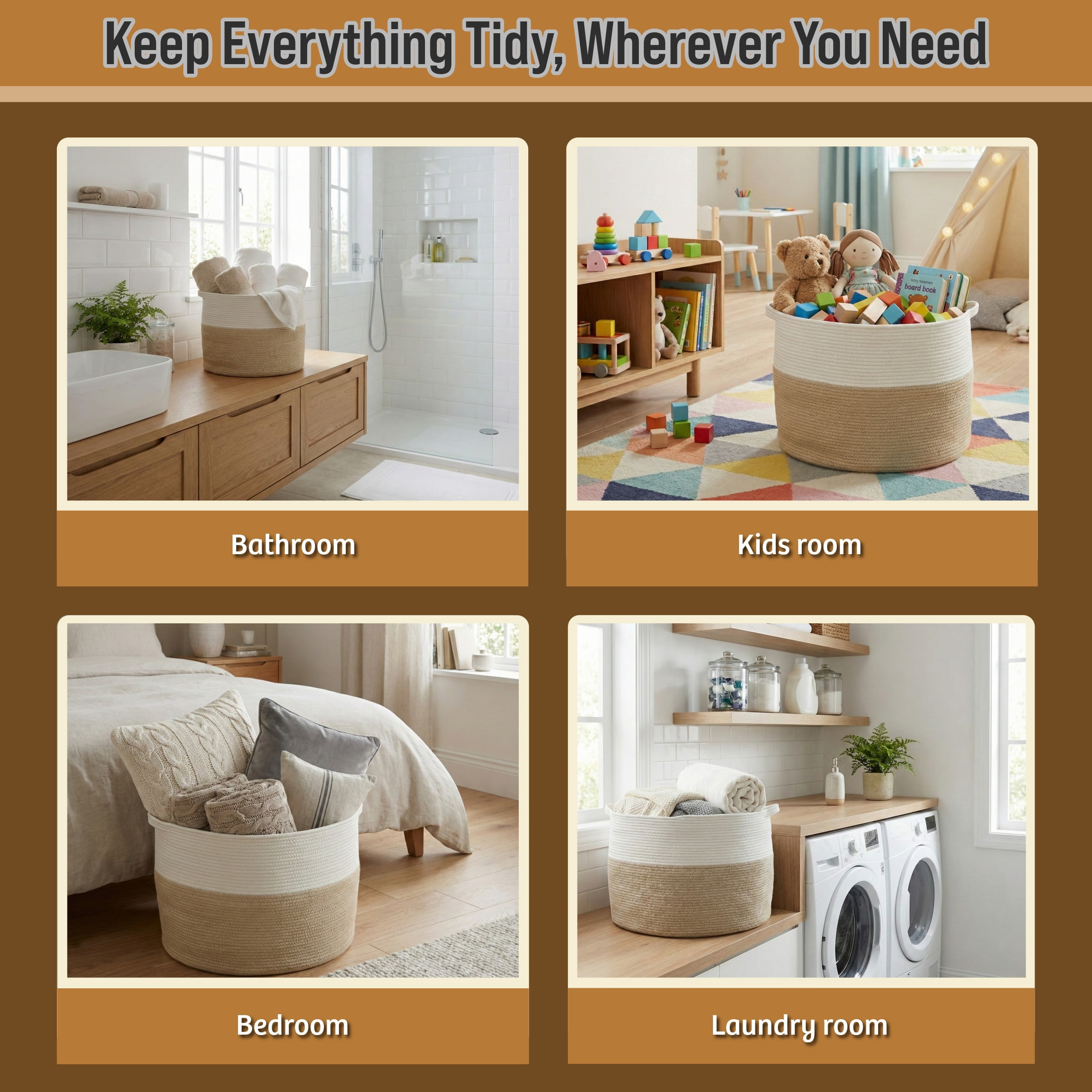 Home-Complete Extra-Large Rope Basket for Laundry, Blankets, and Toys, Natural