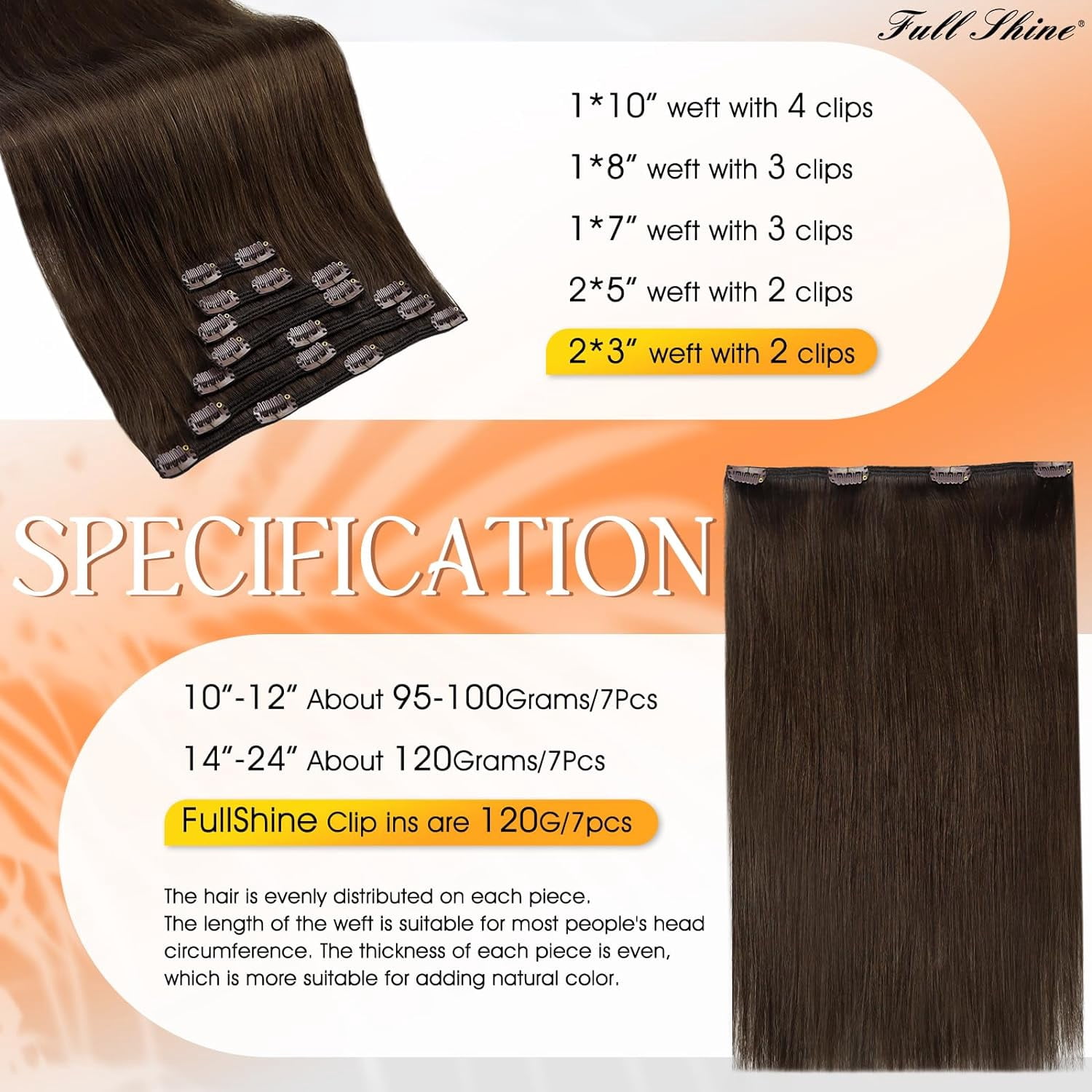 Full Shine Clip in Hair Extensions Double Weft Full Head Brazilian Hair 105 Gram #2 Dark Brown 7 Pcs 18 Inch for Women Adult
