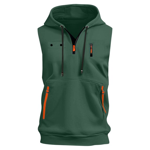 Evdexr Men's Zip Up Sleeveless Hoodies Workout Solid Hooded Tanks Drawstring Bodybuilding Running Sweatshirt Muscle Loose Fit Summer T Shirts with Pocket Dark Green L