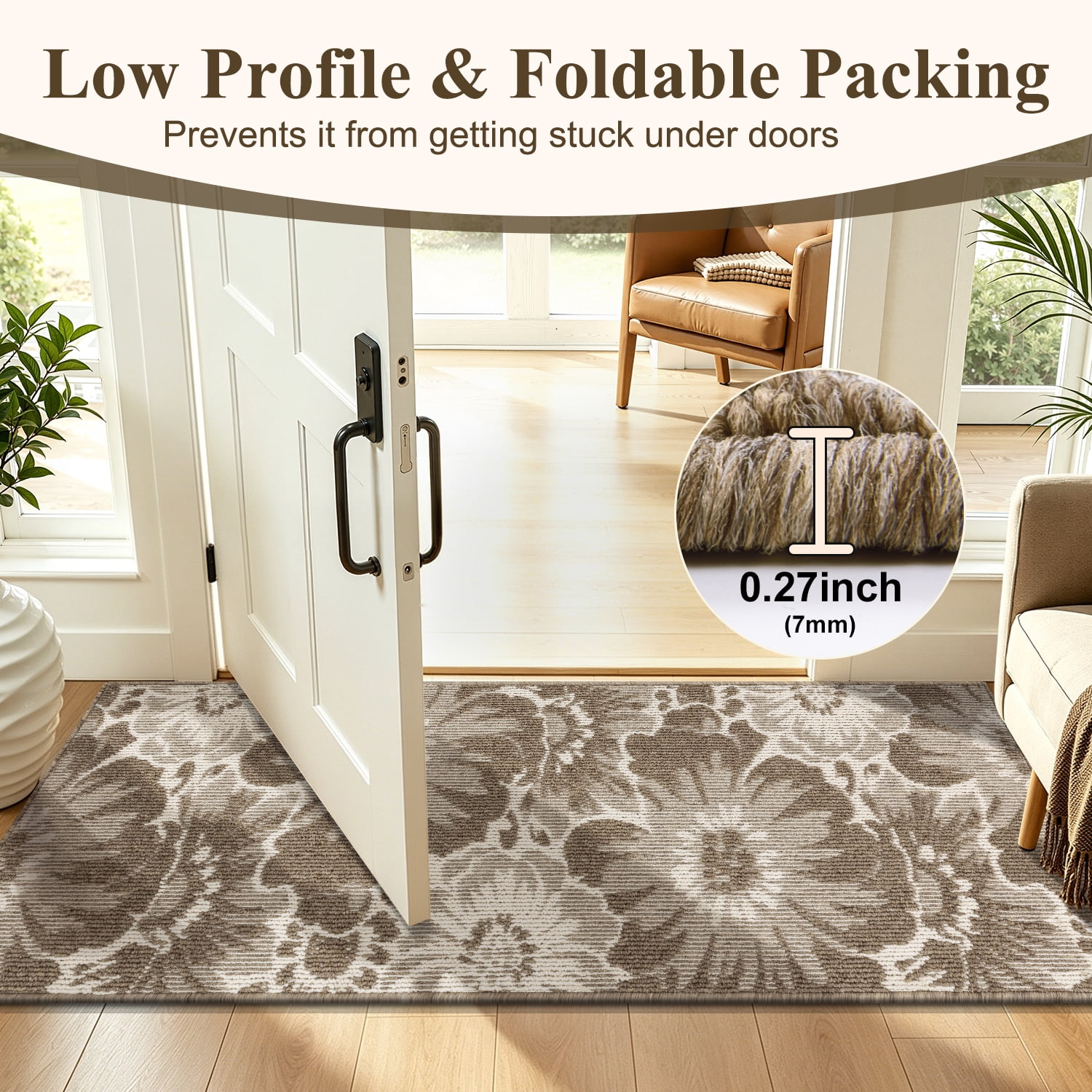 Findosom Runner Rug for Hallway 2x6 ft,Non-slip Machine Washable Runners Flower Floor Mats Low Pile Carpet Rug Runner with Rubber Backing for Entryway Doormat Bathroom Kitchen Laundry Room,Brown