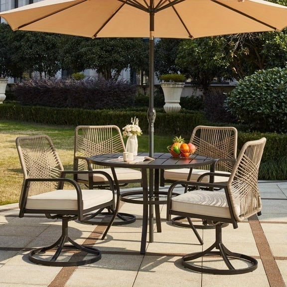 5-Piece Outdoor Dining Set, 4 Swivel Rattan Chairs with Thick Cushions & 42" Round Dining Table with Umbrella Hole, Patio Furniture Set for Porch, Garden, Backyard, Poolside, Deck, Beige