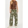 thumbnail image 5 of sicmoss Women's Green Y2K Distressed Barrel Jeans Baggy Wide Leg Floral Print Long with Patchwork, 5 of 6