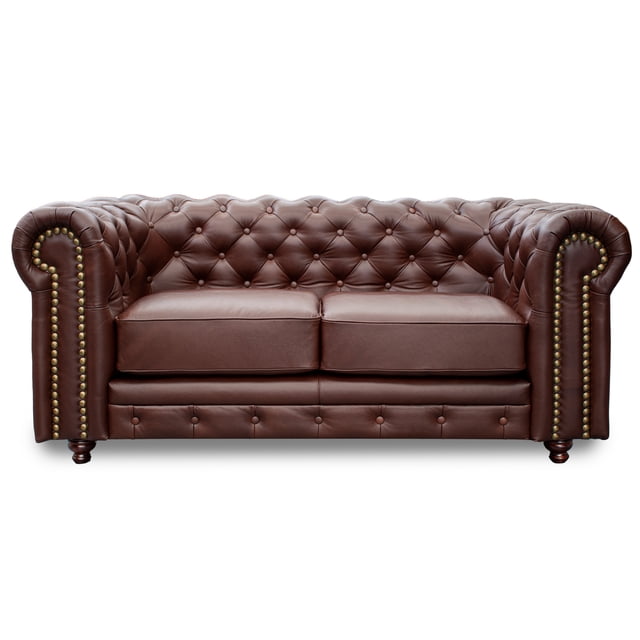 Love Seat de de Piel Genuina Clásico Capitonado, 2 plazas, Modelo Chesterfield P/V, Color Tabaco, Elegante, cómodo y Moderno, Hecho en Mexico. Medidas 185 X 90 X 80 cm.