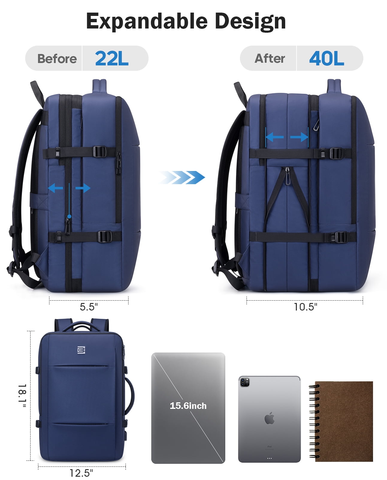 UKEIN Travel Backpack with USB Charging Port 40L Expandable 17 Inch Carry On Backpack Water-resistant Work Business Laptop Backpack for Men