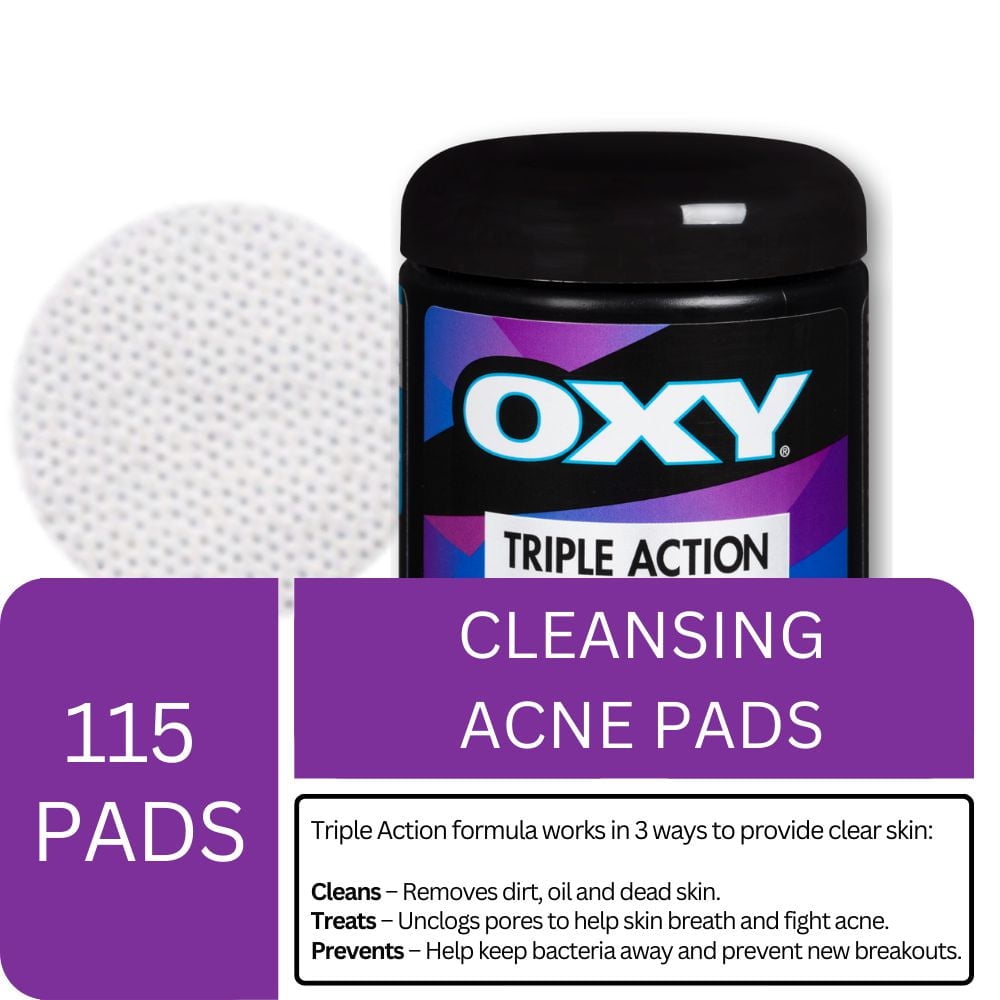 OXY Triple Action Cleansing Acne Pads with Salicylic Acid, For Mild Acne, Frequent Recurring Breakouts, and Combination Skin, 115ct