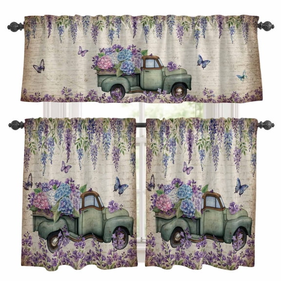 Spring Flowers Kitchen Curtains Valances and Tiers 3pcs Vintage Truck Watercolor Butterflies Green Leaves Tier Curtains and Valance Rod Pocket Valance Curtains Set for Kitchen Bathroom 27.5"x24"
