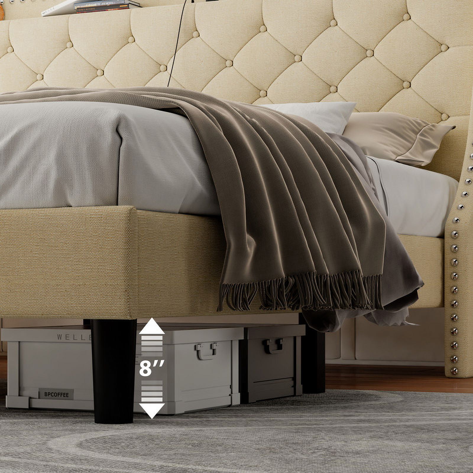 iPormis Full Bed Frame with Upholstered Wingback Button Tufted Storage Headboard, Luxurious Platform Bed with Charging Station, Beige