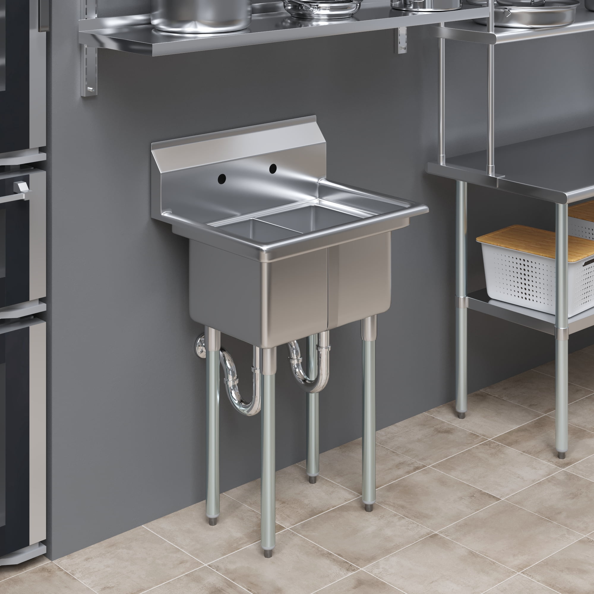 AmGood 20 in. x 26 in. Stainless Steel Two Compartment Sink with 10 in. x 14 in. x 10 in. Bowls
