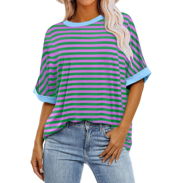Pisexur Hauts d'Été pour Femmes Mode Décontractée Blouses à Imprimé Rayé Amples Confortables T-Shirts à Col Rond Basiques Polyvalents à Manches Courtes Hauts de Sortie T-Shirts Chemises