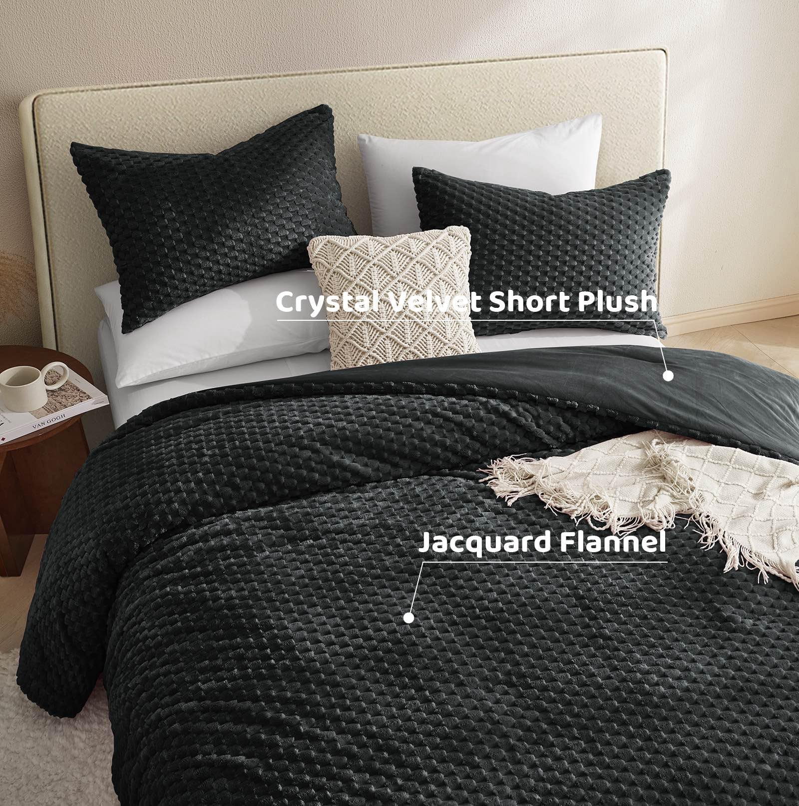 Petrichor Cozy Flannel Comforter Set, Warm and Soft Twin Size Quilt for Winter, 3 Piece Bedding Set with 2 Pillowcases, Black