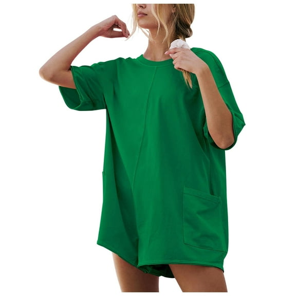 Women's Summer Casual Backless Romper - Short Sleeve Loose Fit Athletic Beach Jumpsuit with Wide Leg