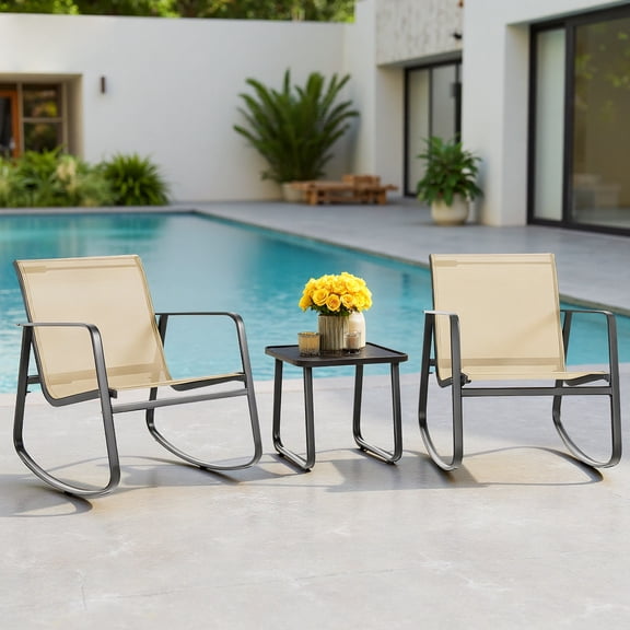 Bigleap 3-Piece Outdoor Rocking Chair Set with Table for Porch, Balcony, Poolside, Brown