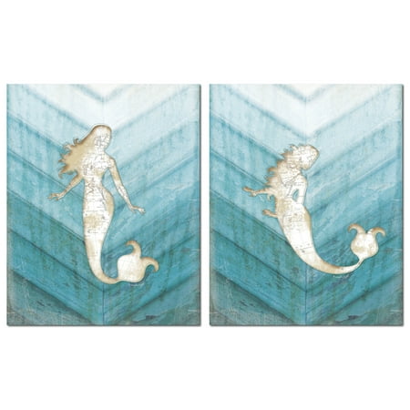 Maps Nautical Beautiful Popular Nautical Ombre Teal and Cream Mermaid Map Silhouette Set; Coastal Decor; Two 11x14in Poster Prints ()