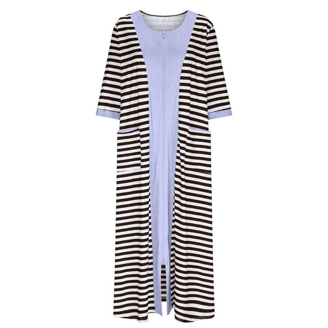 HUJlwoi Chemise de Nuit Imprimée pour Femmes Rayée Longue Robe de Bain Zippée Robe Décontractée Chemise de Nuit Manches 3/4 avec Poches