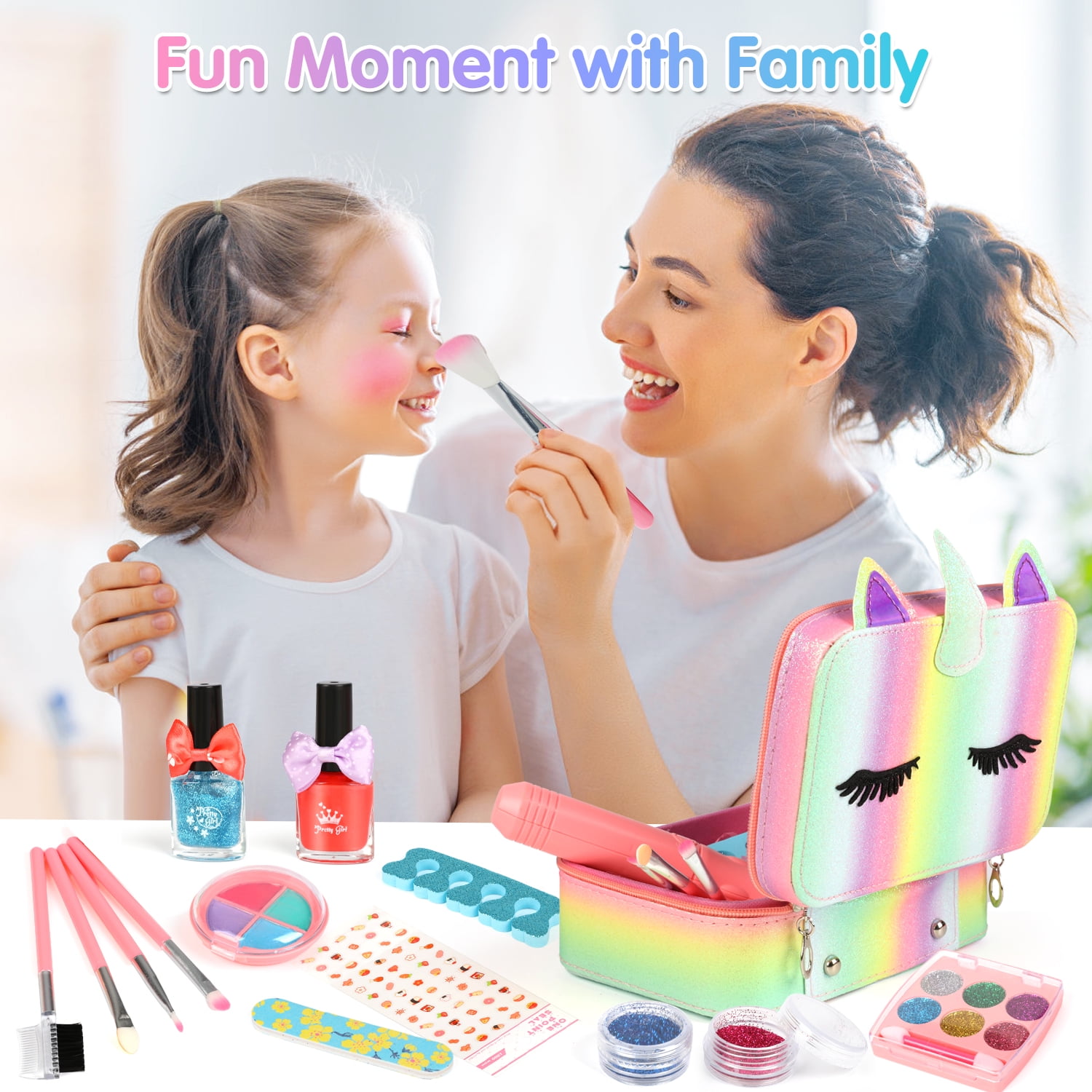 UQN Girls Makeup Kit with Unicorn Makeup Bag, Little Girls Makeup Kit for Kids 4-8-12 Toys, Pretend Princess Christmas/Birthday Gift for Kids Toddlers 4 5 6 7 8 9+ Years